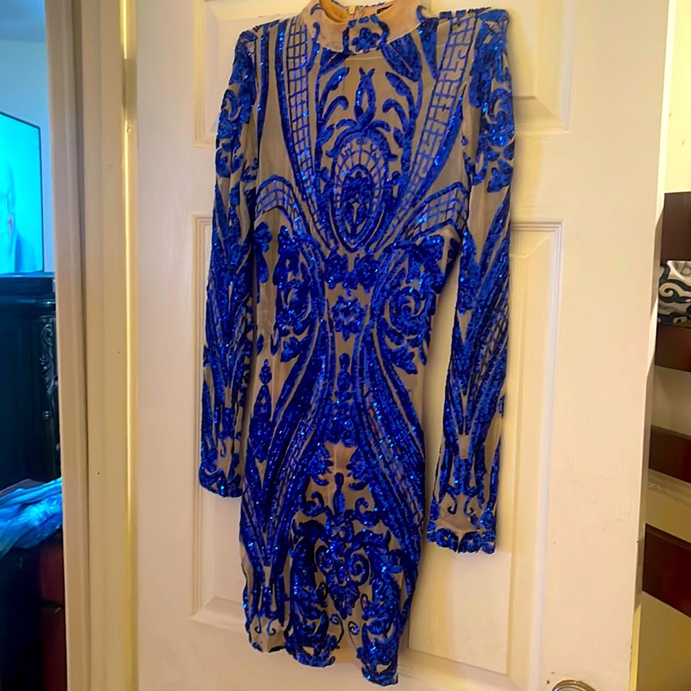 Blue sexy sequins and nude mini dress